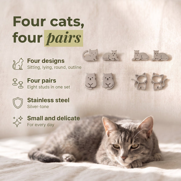 Cat Stud Earrings - Set of 4 Pairs