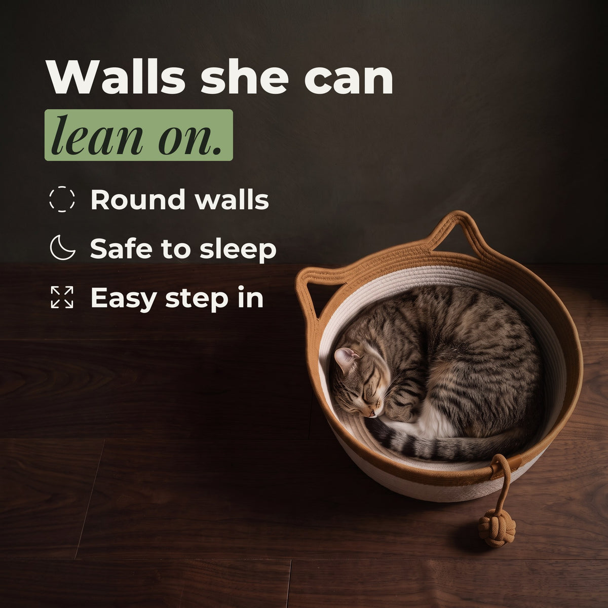 Cat curled inside the round rope walls, seen from above