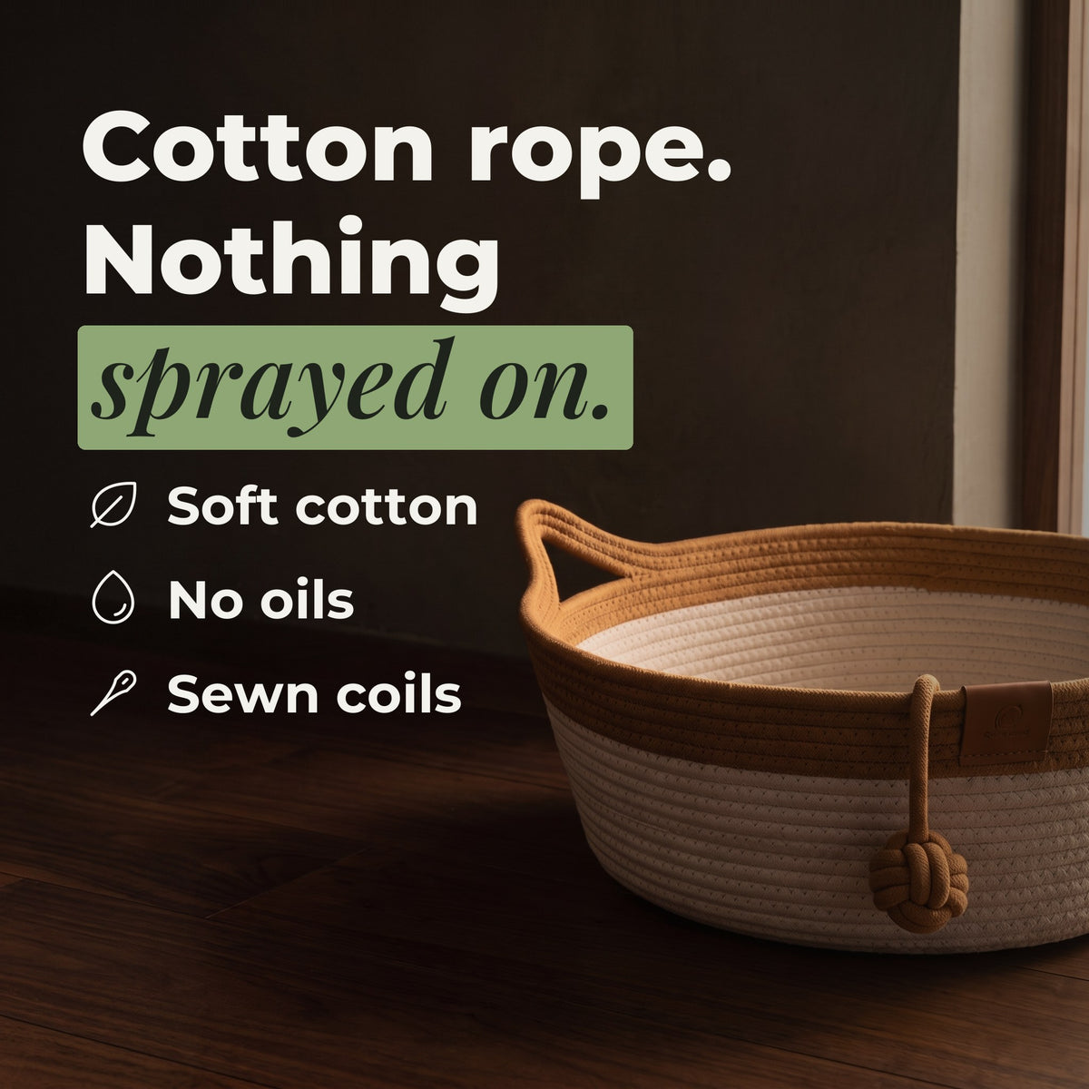 Close-up of the cotton rope, brown rim and sewn coils