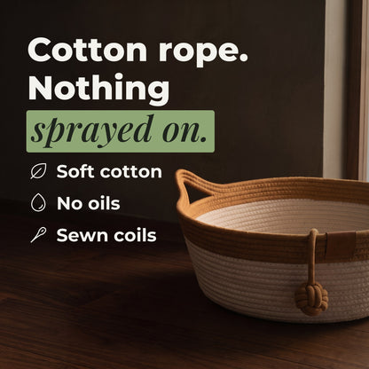Close-up of the cotton rope, brown rim and sewn coils
