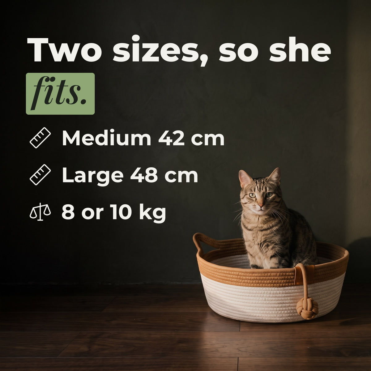 Two sizes: Medium 42 cm, Large 48 cm