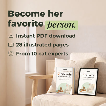 7 Secrets to Bond With Your Cat e-book, shown as a book and on a tablet: instant PDF download, 28 illustrated pages, from 10 cat experts